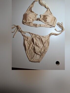 Seamolly Women’s Shimmery Beige Champagne Halter Bikini Set Small NWT